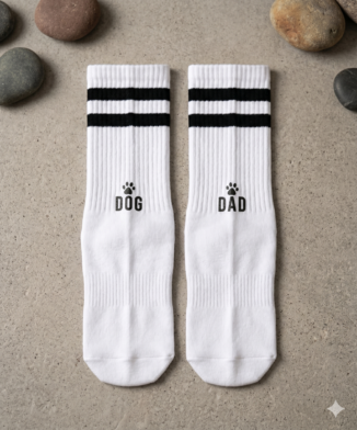 Retro Tennissocken „DOG DAD – Weiß mit Statement-Print & Pfote, Socken Dog Mom, Accessoires für Hundemenschen, Socken mit Statment Print 04